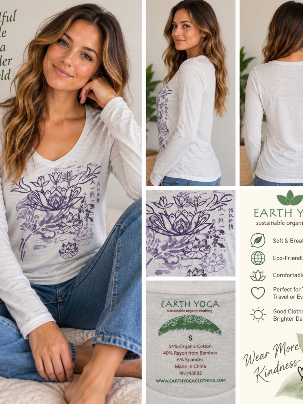 Earth Yoga Light Gray Long-Sleeve V-Neck Tee with Purple Lotus Graphic